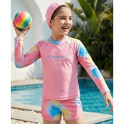 Pine Kids Full Raglan Sleeves Two Piece Swimsuit With Tie & Dye Print & Swimming Cap - Pink