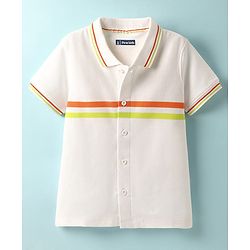 Pine Kids Knit Half Sleeves Shirt With Striped Detailing - White
