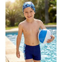 Pine Kids Mid Thigh Length Swimming Trunks with Cap Abstract Print - Navy Blue