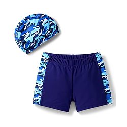 Pine Kids Mid Thigh Length Swimming Trunks with Cap Abstract Print - Navy Blue