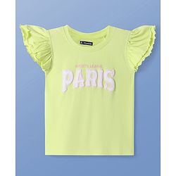 Pine Kids Cotton Knit Frill Sleeves Top with Paris Text Print - Light Green