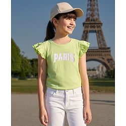 Pine Kids Cotton Knit Frill Sleeves Top with Paris Text Print - Light Green