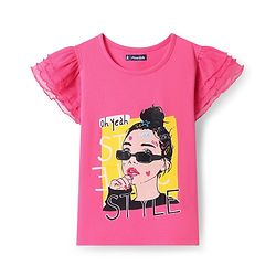 Pine Kids Cotton Knit Half Frill Sleeves Top with Girl Print - Dark Pink