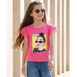 Pine Kids Cotton Knit Half Frill Sleeves Top with Girl Print - Dark Pink
