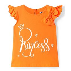 Pine Kids Cotton Knit Frill Sleeves Top with Princess Text & Bow Applique - Orange