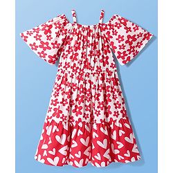 Pine Kids Rayon Woven Half Cold Shoulder Sleeves Frock with Floral Print - Red