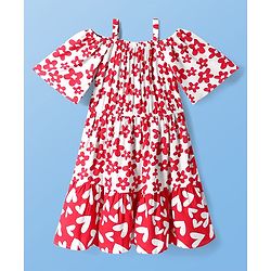 Pine Kids Rayon Woven Half Cold Shoulder Sleeves Frock with Floral Print - Red