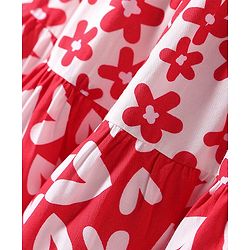 Pine Kids Rayon Woven Half Cold Shoulder Sleeves Frock with Floral Print - Red