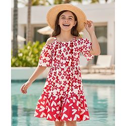 Pine Kids Rayon Woven Half Cold Shoulder Sleeves Frock with Floral Print - Red