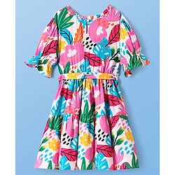 Pine Kids Rayon Woven Half Sleeves Dress With Floral & Leaf Print - White