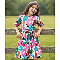 Pine Kids Rayon Woven Half Sleeves Dress With Floral & Leaf Print - White