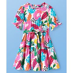 Pine Kids Rayon Woven Half Sleeves Dress With Floral & Leaf Print - White
