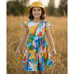 Pine Kids Rayon Woven Half Sleeves Printed Dress - Multicolor