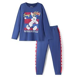 Pine Kids Disney Single Jersey Knit Full Sleeves Night Suit with Mickey Mouse Graphics - Navy Blue