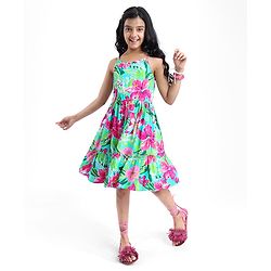 Pine Kids Rayon Woven Singlet Sleeves Tiered Frock with Floral Print - Green & Dark Pink