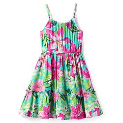 Pine Kids Rayon Woven Singlet Sleeves Tiered Frock with Floral Print - Green & Dark Pink