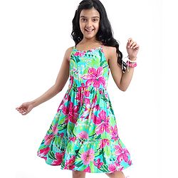 Pine Kids Rayon Woven Singlet Sleeves Tiered Frock with Floral Print - Green & Dark Pink