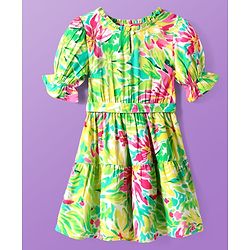 Pine Kids Rayon Woven Half Sleeves Dress With Floral Print - Light Green