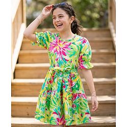 Pine Kids Rayon Woven Half Sleeves Dress With Floral Print - Light Green