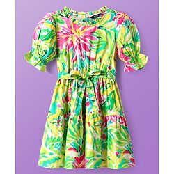 Pine Kids Rayon Woven Half Sleeves Dress With Floral Print - Light Green