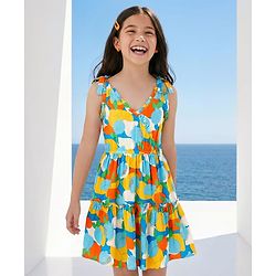 Pine Kids Rayon Woven Sleeveless Tiered Frock with Fruits Print - Light Blue