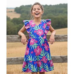 Pine Kids Rayon Woven Frill Sleeves Dress With Floral & Leaf Print - Blue
