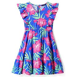 Pine Kids Rayon Woven Frill Sleeves Dress With Floral & Leaf Print - Blue