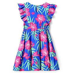 Pine Kids Rayon Woven Frill Sleeves Dress With Floral & Leaf Print - Blue