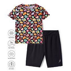 Pine Active Knit Half Raglan Sleeves Printed T-Shirt & Shorts Set - Multicolor