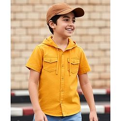 Pine Kids 100% Cotton Half Sleeves Solid Coloured Hooded Shirts - Mustard