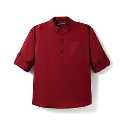 Pine Kids Cotton Woven Full Sleeves Solid Colour Mandarin Collar Shirt - Maroon
