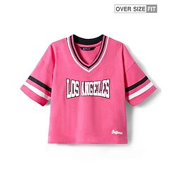 Pine Kids Cotton Knit Half Drop Shoulder Sleeves T-Shirt with Text Print - Dark Pink