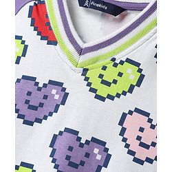 Pine Kids Cotton Knit Half Raglan Sleeves T-Shirt with Heart Print - White & Lilac