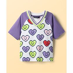 Pine Kids Cotton Knit Half Raglan Sleeves T-Shirt with Heart Print - White & Lilac
