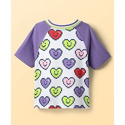 Pine Kids Cotton Knit Half Raglan Sleeves T-Shirt with Heart Print - White & Lilac