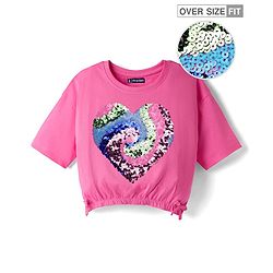 Pine Kids Cotton Knit Half Drop Shoulder Sleeves T-Shirt with Sequin Detailing - Pink
