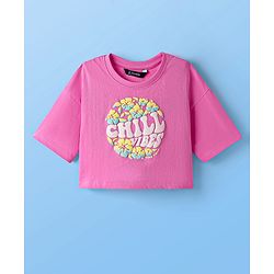 Pine Kids Cotton Knit Half Drop Shoulder Sleeves T-Shirt with Inner Tee & Text Puff Print - Pink