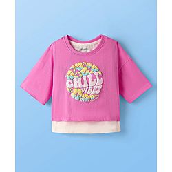 Pine Kids Cotton Knit Half Drop Shoulder Sleeves T-Shirt with Inner Tee & Text Puff Print - Pink