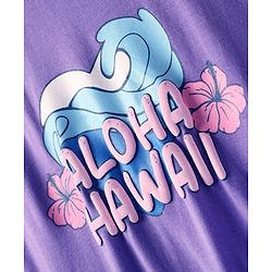 Pine Kids Cotton Knit Half Drop Shoulder Sleeves T-Shirt with Beach Theme Print & Knot Detailing - Purple