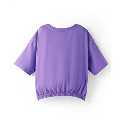 Pine Kids Cotton Knit Half Drop Shoulder Sleeves T-Shirt with Beach Theme Print & Knot Detailing - Purple