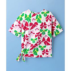 Pine Kids Cotton Knit Half Sleeves Drop Shoulder T-Shirt with Bow Print - White