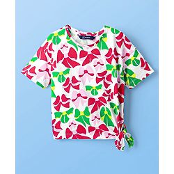 Pine Kids Cotton Knit Half Sleeves Drop Shoulder T-Shirt with Bow Print - White