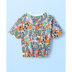 Pine Kids Cotton Knit Half Sleeves Shoulder Drop T-Shirt With Floral Print - White