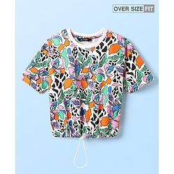 Pine Kids Cotton Knit Half Sleeves Shoulder Drop T-Shirt With Floral Print - White