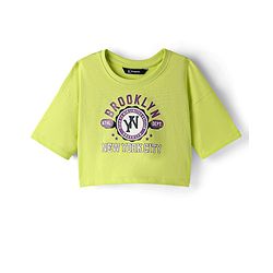 Pine Kids Cotton Knit Half Drop Shoulder Sleeves T-Shirt with Inner Tee & Text Puff Print - Limegreen