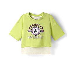 Pine Kids Cotton Knit Half Drop Shoulder Sleeves T-Shirt with Inner Tee & Text Puff Print - Limegreen