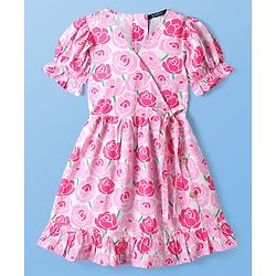 Pine Kids Woven Half Puffed Sleeves Frock with Floral Print - Pink