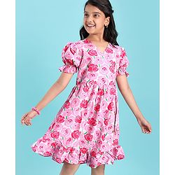 Pine Kids Woven Half Puffed Sleeves Frock with Floral Print - Pink