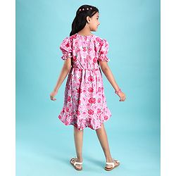 Pine Kids Woven Half Puffed Sleeves Frock with Floral Print - Pink