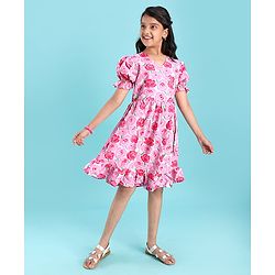 Pine Kids Woven Half Puffed Sleeves Frock with Floral Print - Pink